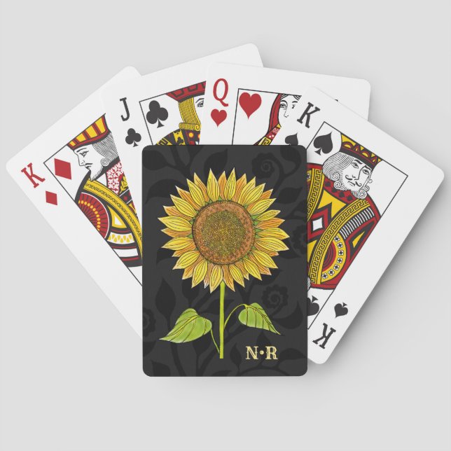    Elegant Floral Watercolor Sunflower Monogrammed Playing Cards (Back)