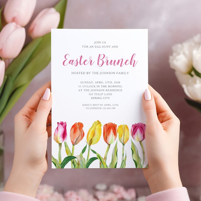 Elegant Floral Watercolor Tulips Easter Brunch  Invitation (Colorful Floral Watercolor Tulip Easter Brunch Invitation)