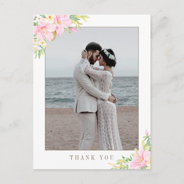 Elegant Floral Watercolor Wedding Photo Thank You Postcard (Front)