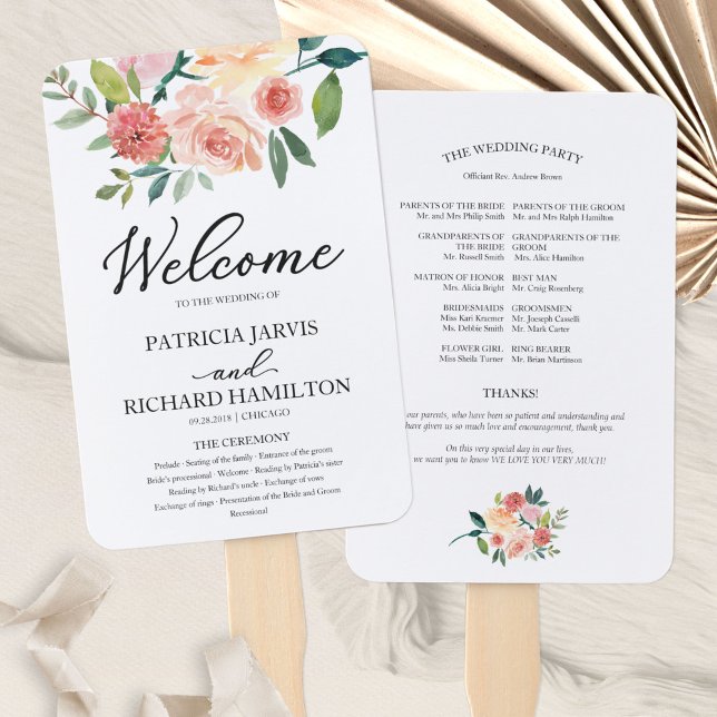 Elegant Floral Watercolor Wedding Program Hand Fan (Creator Uploaded)