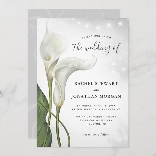 Elegant Floral Watercolor White Calla Lily Wedding Invitation (Front/Back)