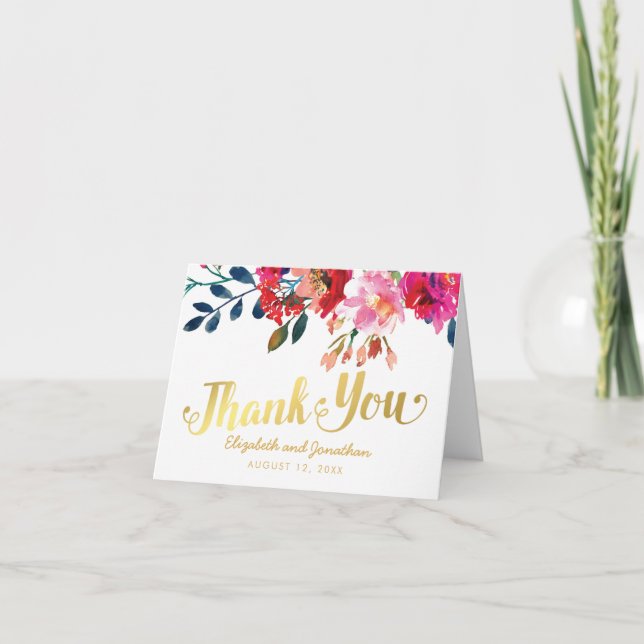 Elegant Floral Watercolor White Gold Thank You Card (Front)