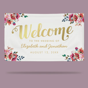 Elegant Floral Watercolor White Gold Wedding Banner