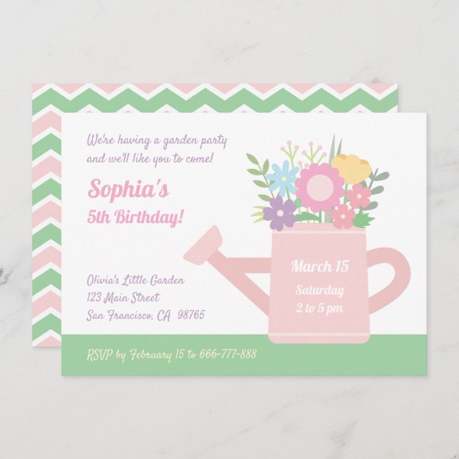 Elegant Floral Watering Can Garden Birthday Party Invitation (Front/Back)