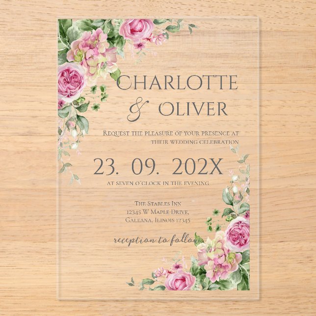 Elegant Floral Wedding Acrylic Invitation (Front)