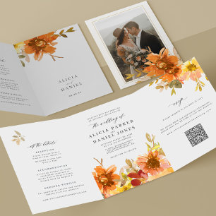Elegant floral wedding all in one QR code RSVP Tri-Fold Invitation