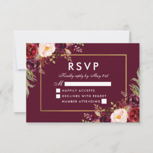 Elegant Floral Wedding Burgundy Gold RSVP Card