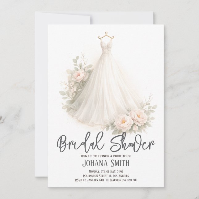 Elegant Floral Wedding Dress Bridal Shower Invitation (Front)