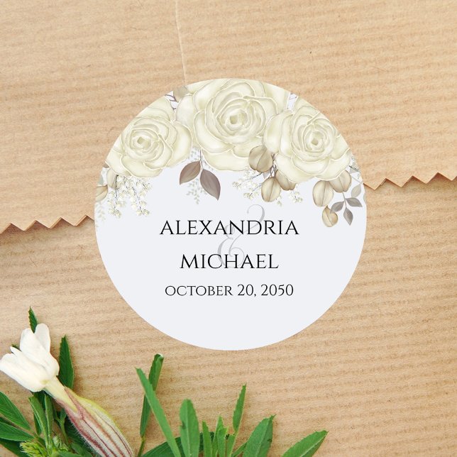 Elegant Floral Wedding Favour Personalised Classic Round Sticker (Light blue and roses wedding favor stickers.)