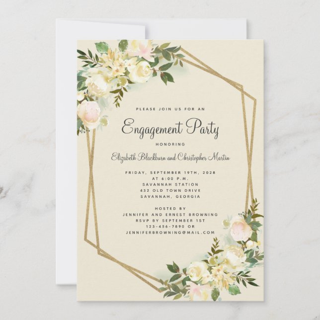 Elegant Floral Wedding Gold Engagement Party Invitation (Front)