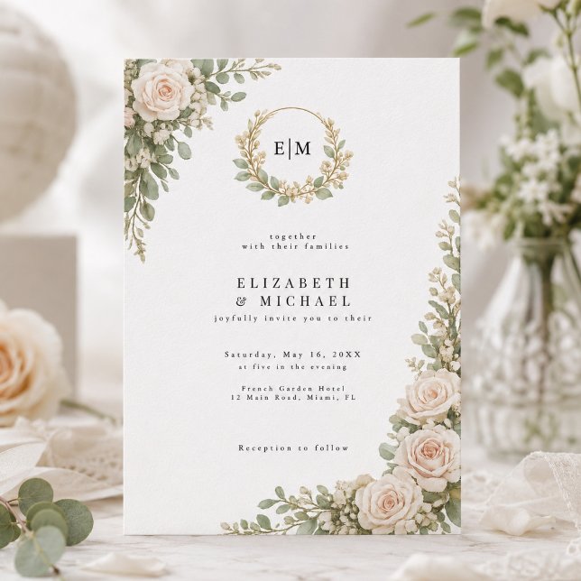 Elegant Floral Wedding Invitation Greenery Wreath (Creator Uploaded)