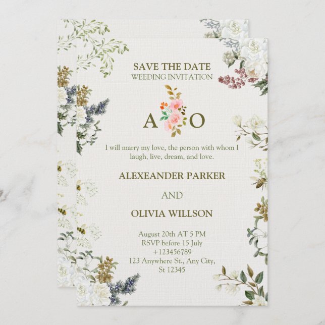 Elegant Floral Wedding Invitation – Modern CARD (Front/Back)