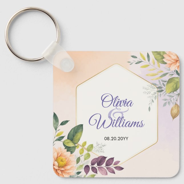 Elegant Floral Wedding Invitation Template Key Ring (Front)