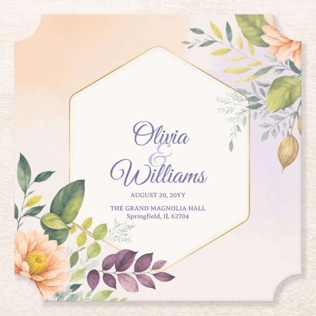 Elegant Floral Wedding Invitation Template Paper Coaster (Front)