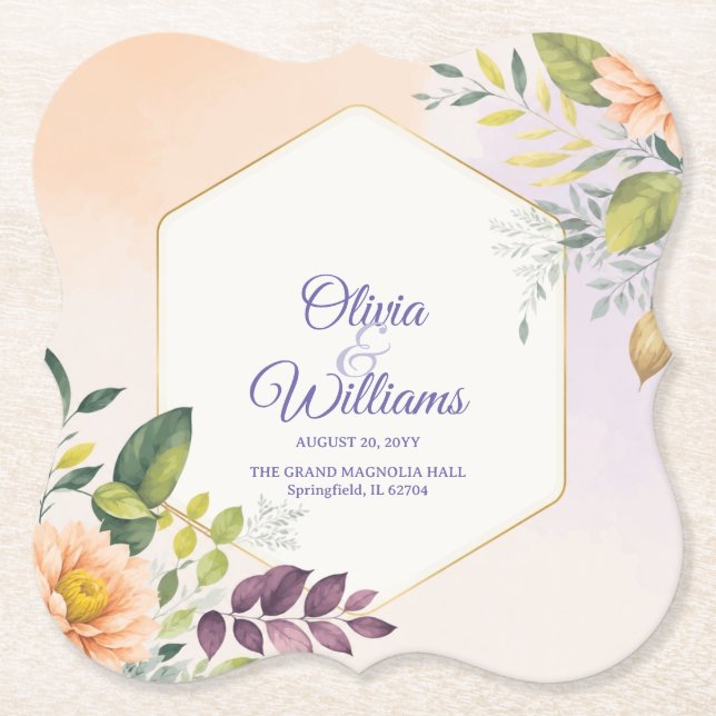 Elegant Floral Wedding Invitation Template Paper Coaster (Front)