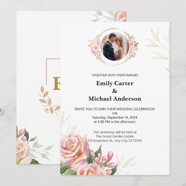 Elegant Floral Wedding Invitation with Gold Accent (Front/Back)