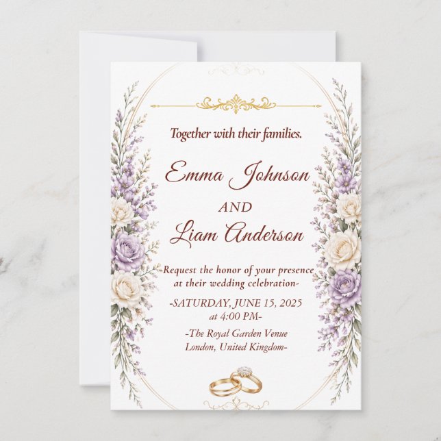 Elegant Floral Wedding Invitation with Gold Frame (Front)