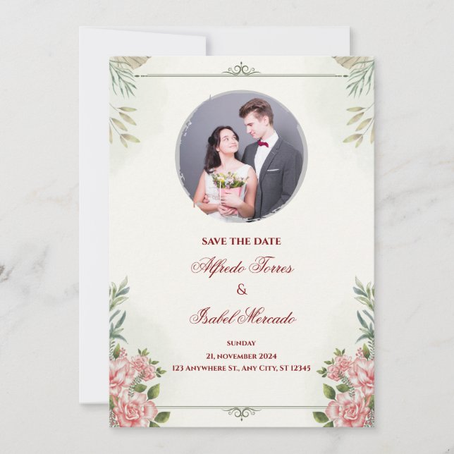 Elegant Floral Wedding Invitation with Photo (Front)