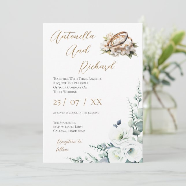 Elegant Floral Wedding Invitation with Rings (Standing Front)