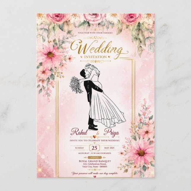 Elegant floral wedding invitations Card  (Front)