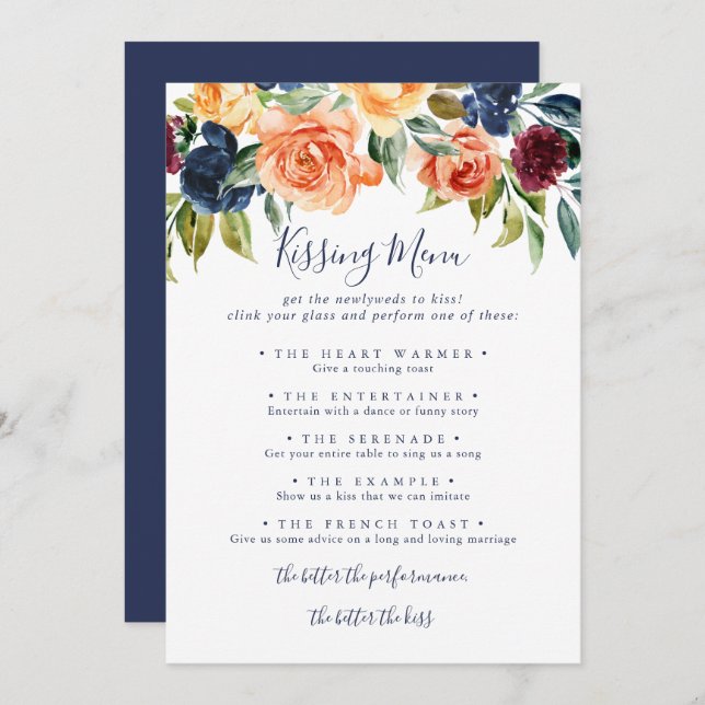 Elegant Floral Wedding Kissing Menu Game Card (Front/Back)