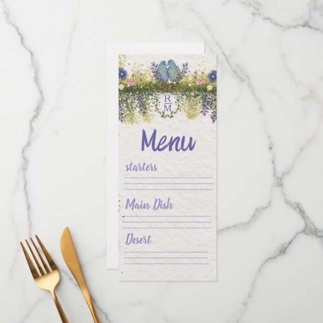 Elegant Floral Wedding Menu Card 4x9. 5 (Front/Back In Situ)