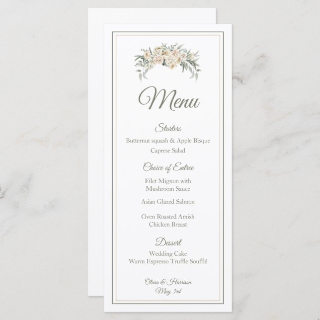 Elegant Floral Wedding Menu – Cream & Sage Green S (Front/Back)