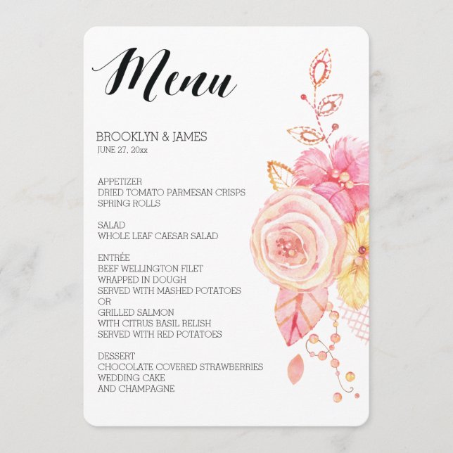 Elegant Floral Wedding Menu Pearls Lace (Front)