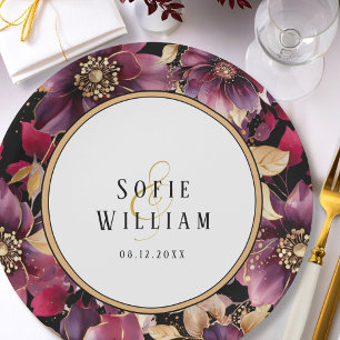 Elegant Floral Wedding Names Date  Paper Plate