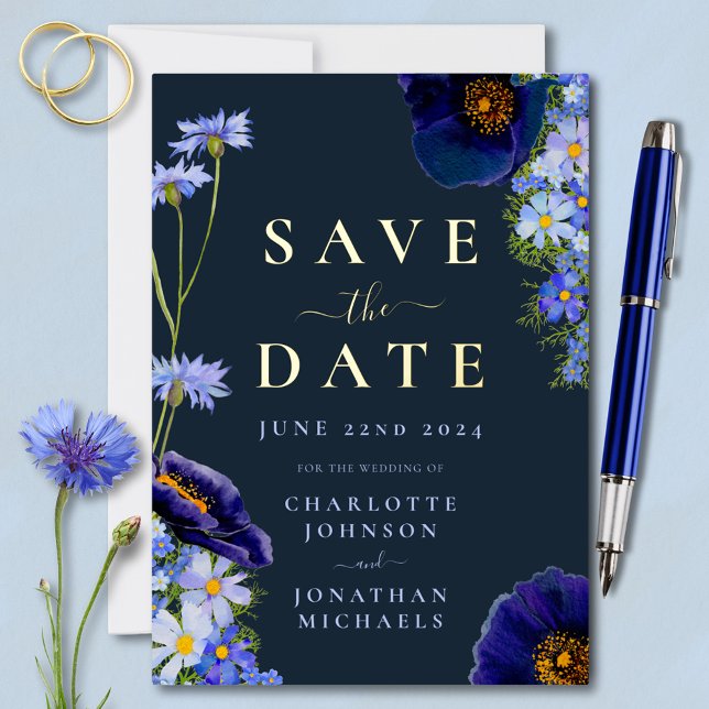 Elegant Floral Wedding Navy Blue and Gold (Elegant wildflower navy blue floral gold foil wedding save the date invitation )
