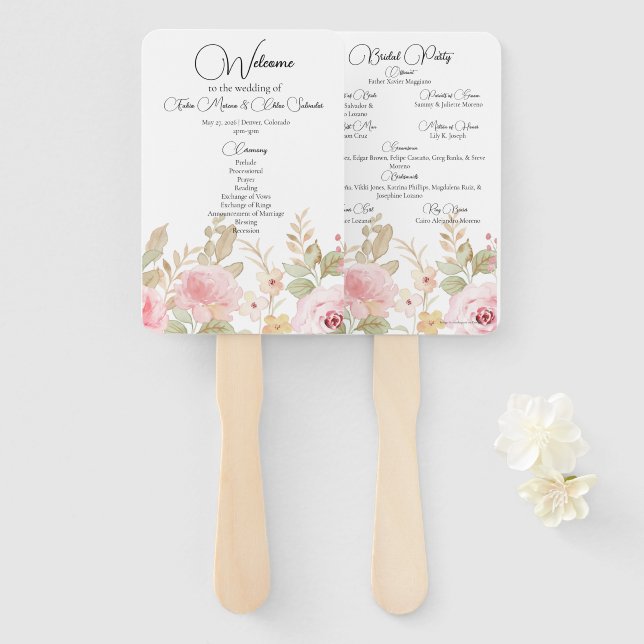 Elegant Floral Wedding Personalised Program Hand Fan (Front and Back)