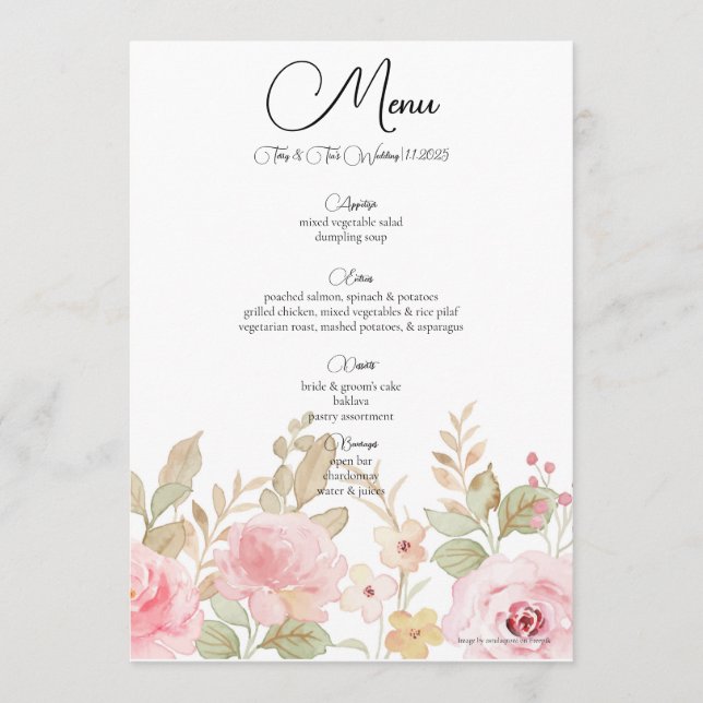 Elegant Floral Wedding Personalised Reception Menu (Front)