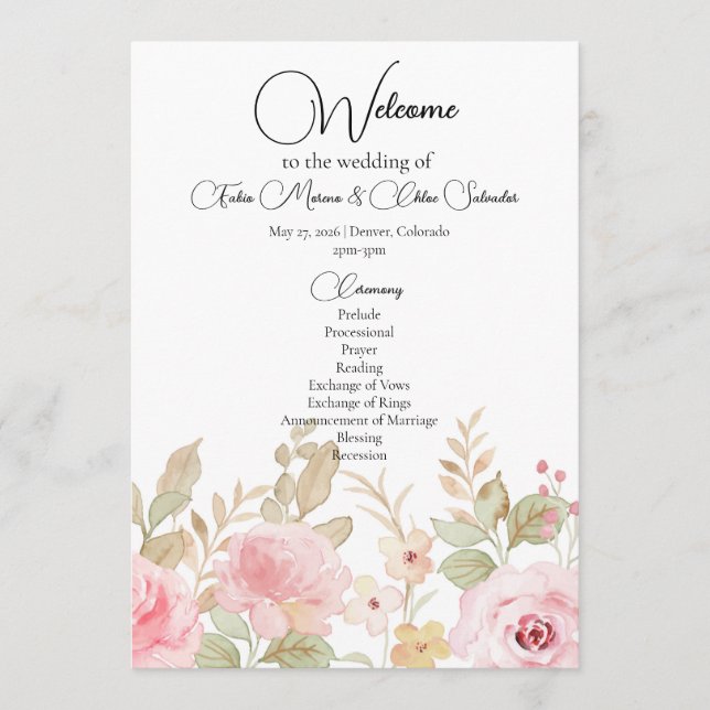 Elegant Floral Wedding Personalised Wedding Programme (Front)