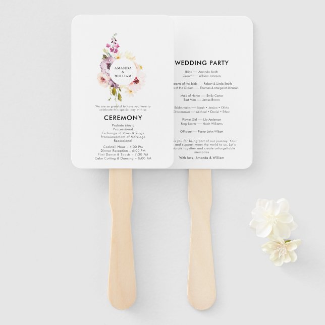 Elegant Floral Wedding Program Hand Fan (Front and Back)