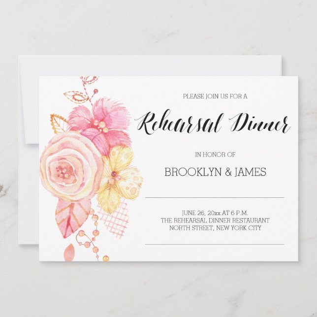 Elegant Floral Wedding Rehearsal Invitation Pearls (Front)