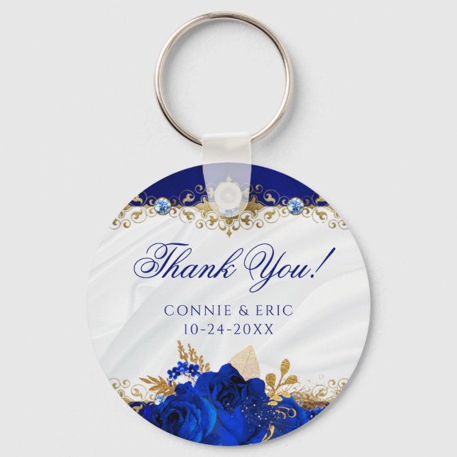 Elegant Floral Wedding Royal Blue Thank You Favour Key Ring (Front)