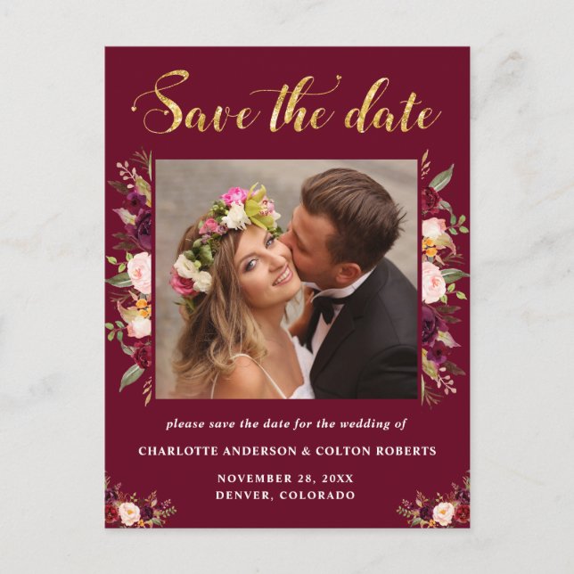 Elegant Floral Wedding Save The Date Burgundy Announcement Postcard (Front)