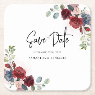 Elegant Floral Wedding Save The Date Square Paper Coaster