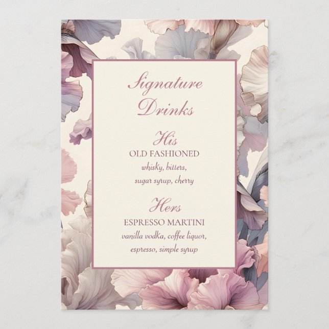 Elegant Floral Wedding Signature Drinks Bar Menu (Front)