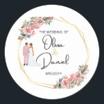 Elegant Floral Wedding Sticker<br><div class="desc">Celebrate your special day with this elegant floral wedding sticker featuring a modern bride and groom illustration. Set within a chic geometric gold frame and adorned with watercolor pink flowers, this personalised wedding label is perfect for sealing envelopes, wedding favours, invitations, or thank-you cards. Ideal for couples like Olivia and...</div>