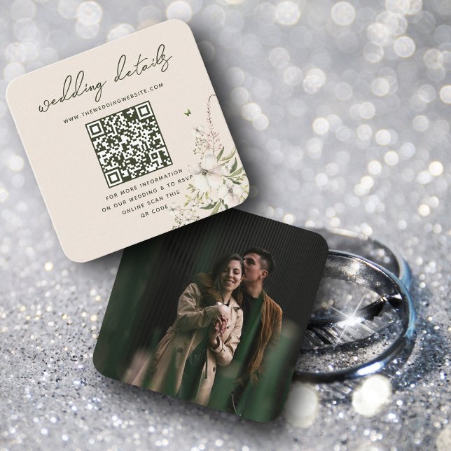 Elegant Floral Wedding Website QR code Photo RSVP Enclosure Card (Creator Uploaded)