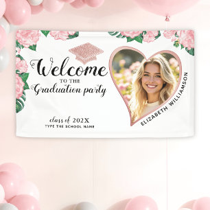 Elegant Floral White and Pink Graduation Welcome Banner