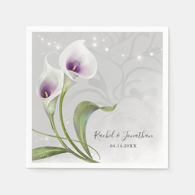 Elegant Floral White and Purple Calla Lily Wedding Napkin (Front)