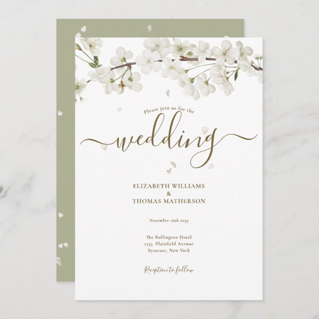 Elegant Floral White Blossom Script Wedding Invitation (Front/Back)