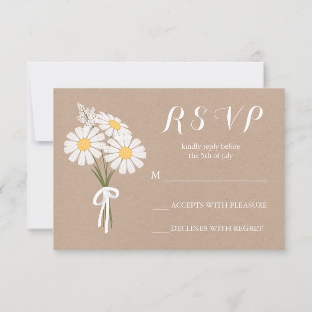 Elegant Floral White Daisies Bouquet RSVP Wedding Card (Front)