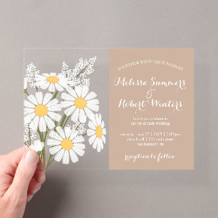 Elegant Floral White Daisies Bouquet Wedding Beige Acrylic Invitations