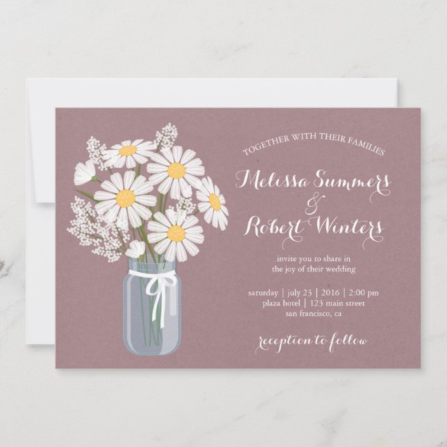 Elegant Floral White Daisies Mason Jar Wedding Invitation (Front)