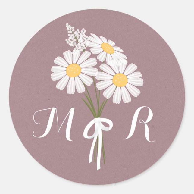 Elegant Floral White Daisies Monogram Wedding Classic Round Sticker (Front)