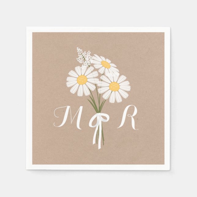 Elegant Floral White Daisies Monogram Wedding Napkin (Front)