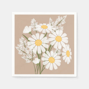 Elegant Floral White Daisies on Beige Napkin